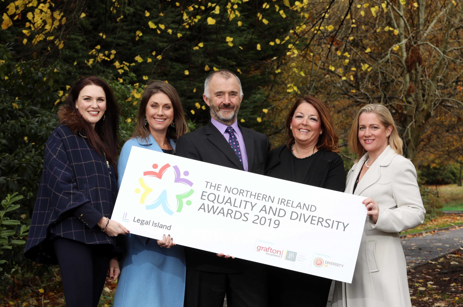 Paolina Hawthorne, Founder, Diversity NI Ltd; Sarah Travers, awards host; Barry Phillips, Chair of Legal-Island, organisers of the awards; Tina McKenzie, CEO of Grafton Recruitment Ireland; and Ciara Fulton, Senior Partner, Jones Cassidy Brett.