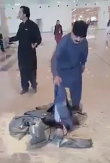 Man sets luggage on fire.