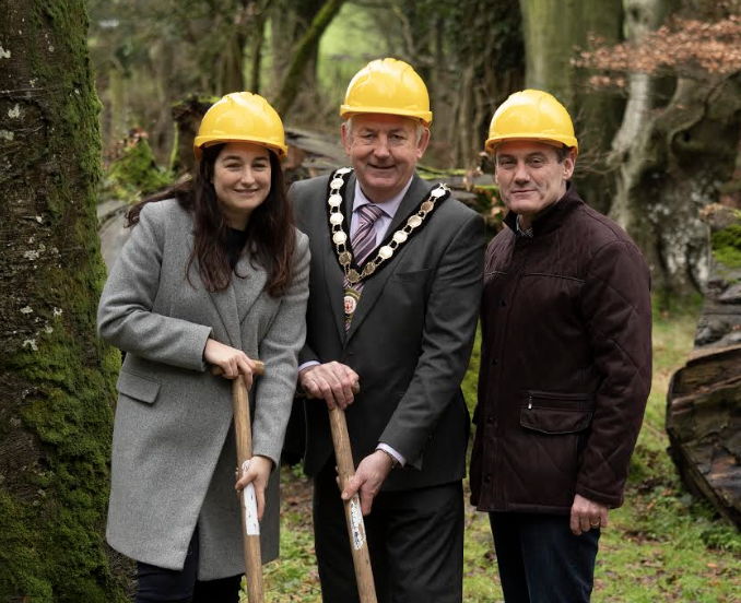 Julie McCann, Sport NI; Chair of Mid Ulster District Council, Councillor Sean McPeak, and Ciaran McLaughlin, DAERA on site as work starts to develop Knockmany Forest
